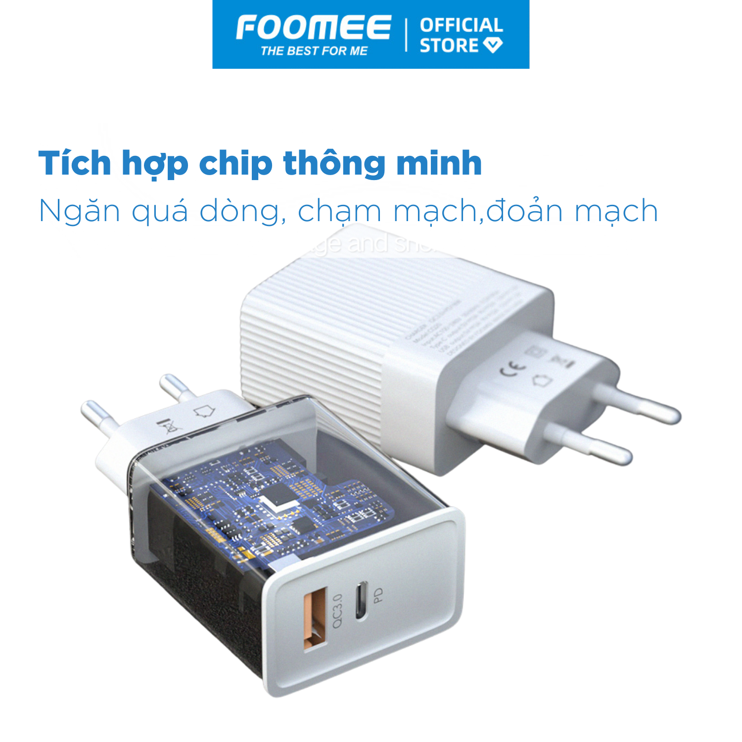 Củ sạc QC+PD18W FOOMEE CQ20 - Màu Trắng/Đen - Sạc Nhanh 3A 18W - Hàng chính hãng