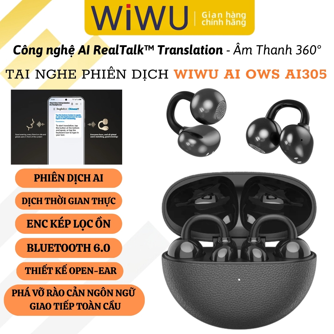 Tai nghe ENC phiên dịch Open-Ear AI RealTalk Translation bluetooth 6.0 không dây WIWU OWS Ai305 - Bluetooth 6.0, dịch thời gian thực, Âm Thanh 360°, Directional Sound Transmission, Dynamic Bass 9 &amp; Surround Sound 9 - Hàng nhập khẩu