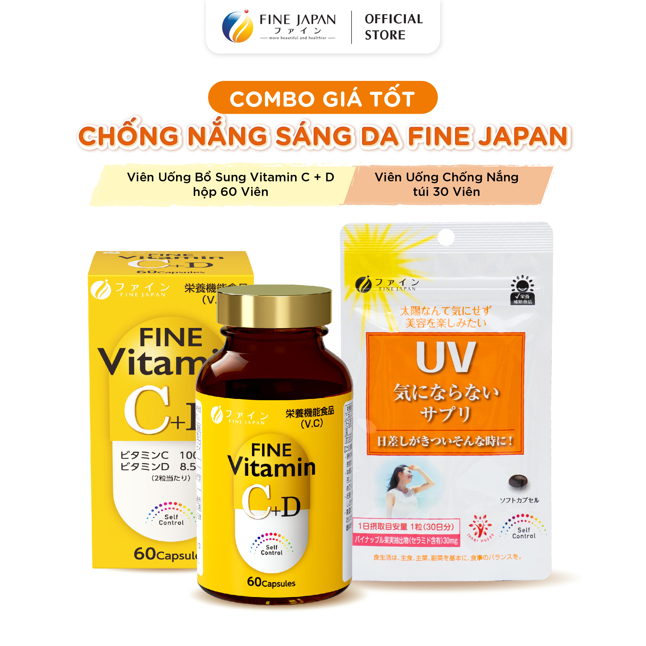 Combo Chống nắng sáng da FINE JAPAN - Viên uống chống nắng & Viên uống bổ sung Vitamin C + D 30 ngày