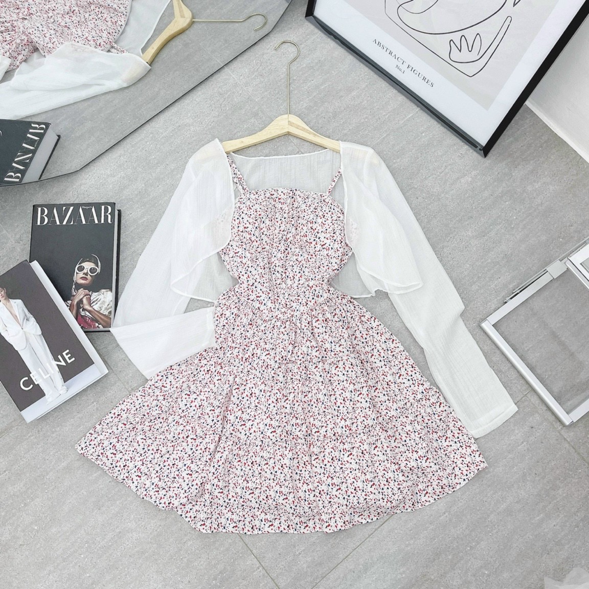 Set đầm 2 dây hoa nhí kèm áo khoác mỏng cardigan nhiều màu