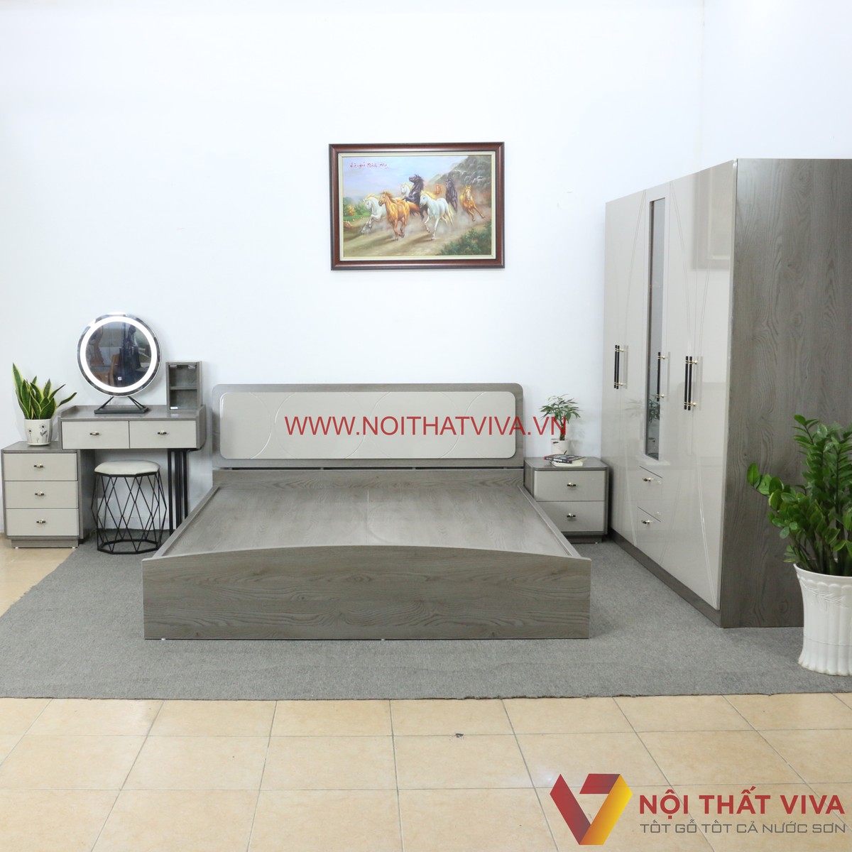 Combo Decor Phòng Ngủ Hiện Đại Chạm Hoạ Tiết Màu Xám Cao Cấp Đẹp