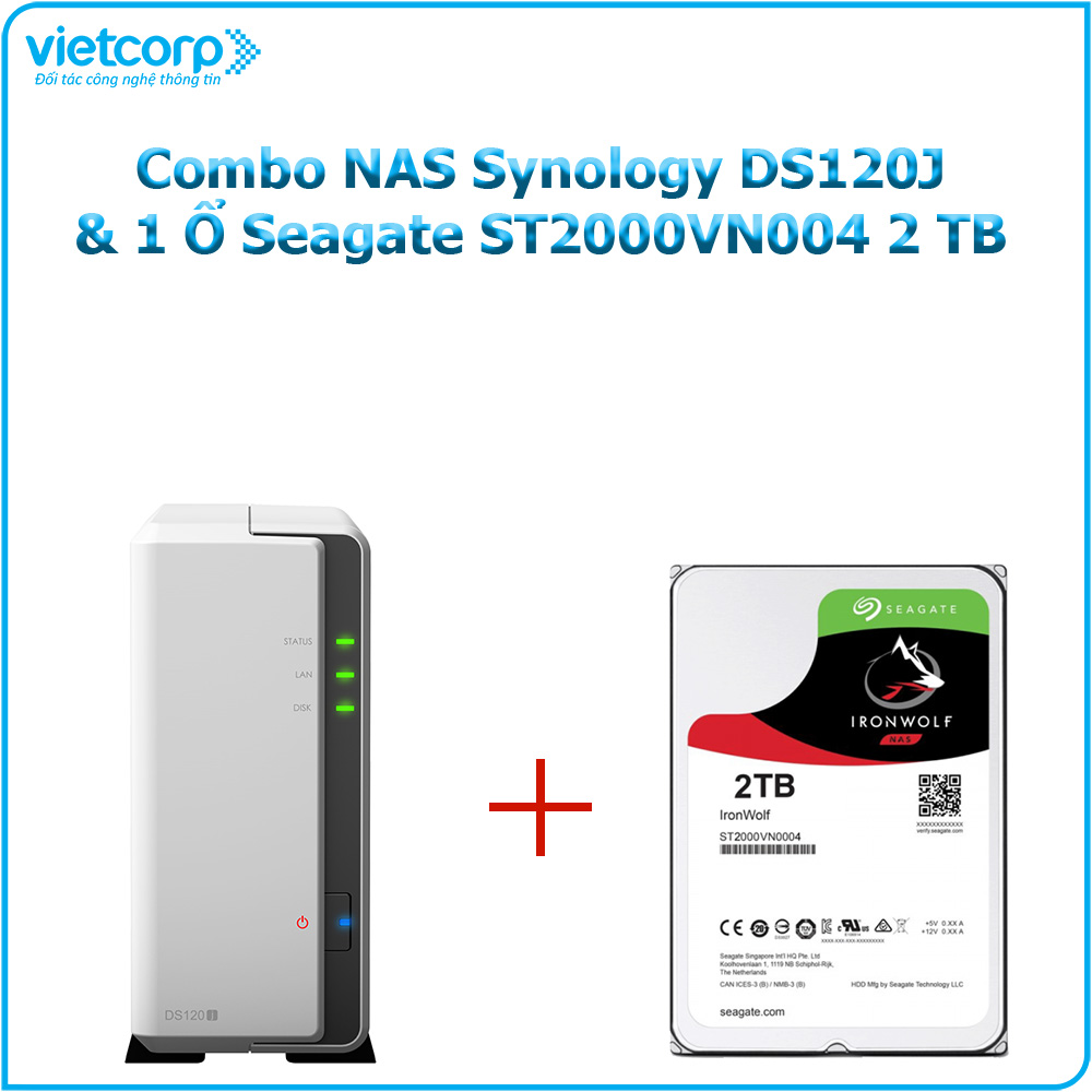 Combo Thiết bị lưu trữ NAS Synology DS120j và 1 ổ cứng HDD Seagate ST2000VN003 2TB - Hàng chính hãng