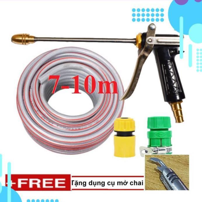 Bộ dây vòi xịt nước rửa xe, tưới cây . tăng áp 3 lần, loại 7m, 10m 206318 đầu đồng,cút,+ tặng mở chai