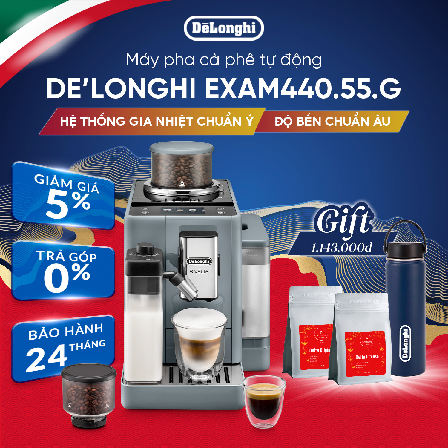 Máy pha cà phê tự động DeLonghi Rivelia EXAM440.55.G – 2 Bình Hạt, Màn Hình Cảm Ứng – Hàng Chính Hãng