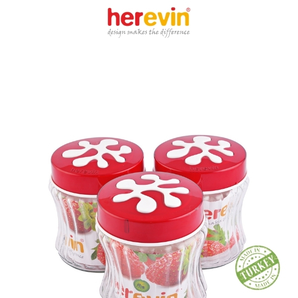 Bộ 3 Hũ Thủy Tinh Herevin Tròn Sọc Nắp Decor 1L - HEHU135901-804