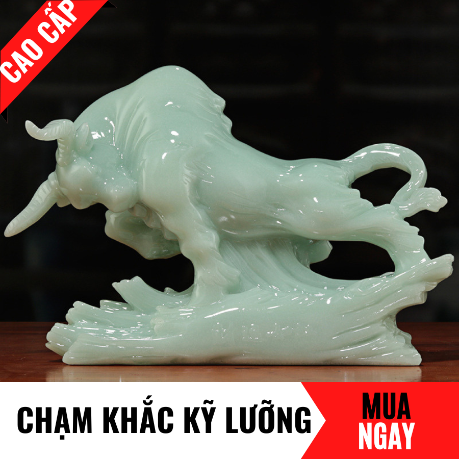 Tượng Trâu Trang Trí Phong Thủy Bằng Đá Hoàng Ngọc Cao 24cm