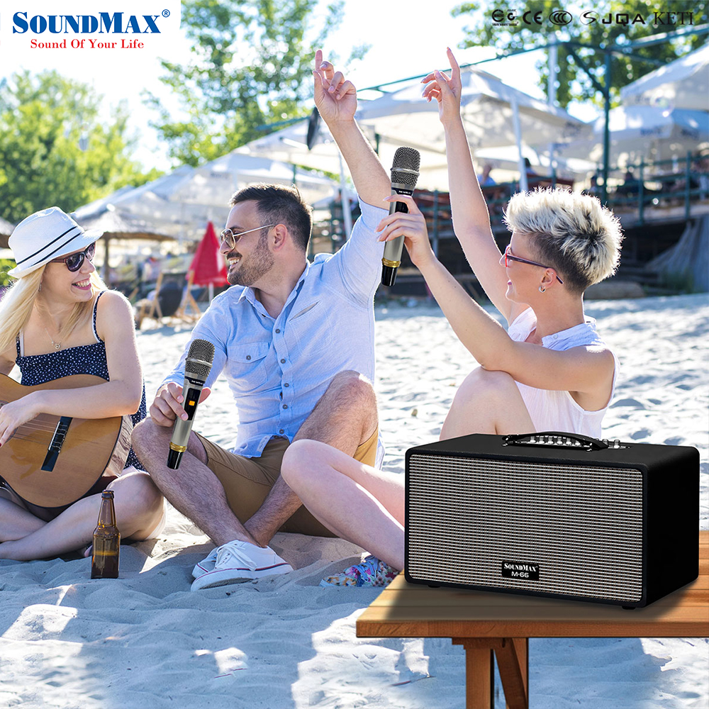 Loa karaoke xách tay SoundMax M-66 | Portable Karaoke Speaker SoundMax M66 | 3 Đường Tiếng, Bass 6.5 Inch, công suất thực 100W | Bluetooth, USB, HDMI, Optical, TRS, USB, Ngõ Vào Guitar | Pin 12000mAh, Thời Gian Sử Dụng 6 Giờ - Hàng Chính Hãng