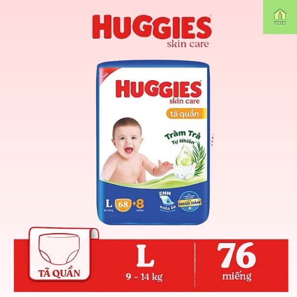 Tã/bỉm quần HUGGIES SKINCARE gói SUPER JUMBO size L 68+8 miếng