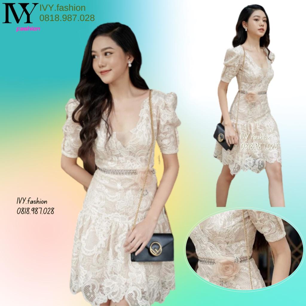 Đầm xòe ngắn ren hoa nổi kèm hoa cài áo trắng nude ôm body cổ V ivy.fashion đi biển dự tiệc dạo phố bigsize gợi cảm
