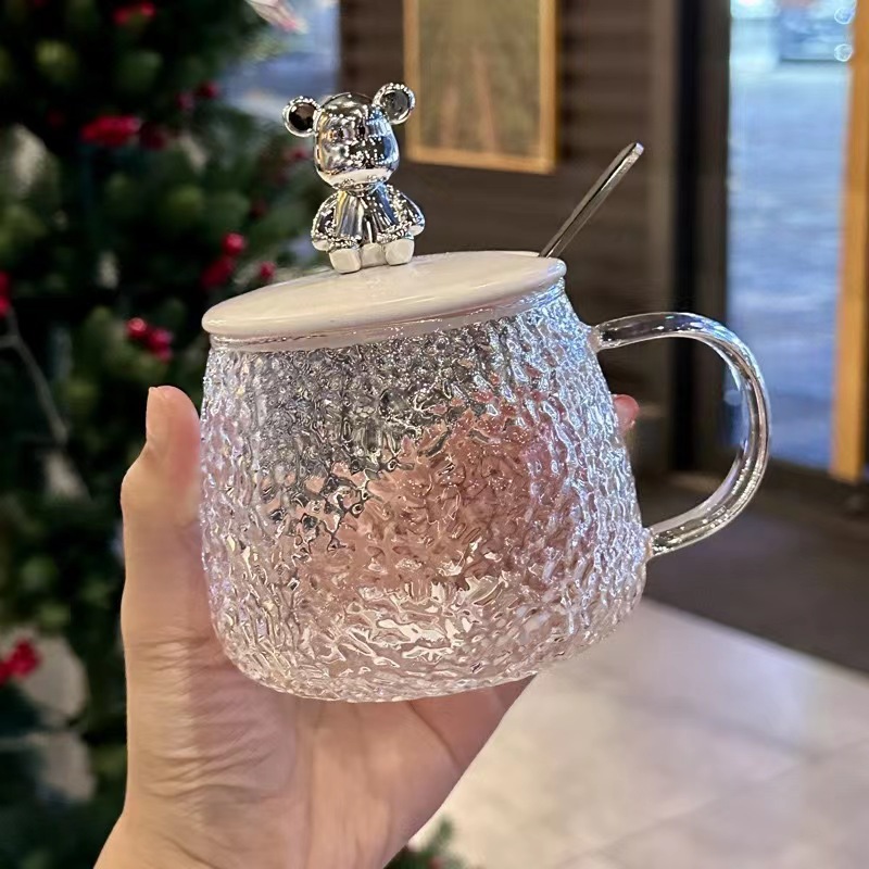 Cốc thủy tinh nắp gấu, thể tích 500mL, tặng kèm thìa kim loại cao cấp