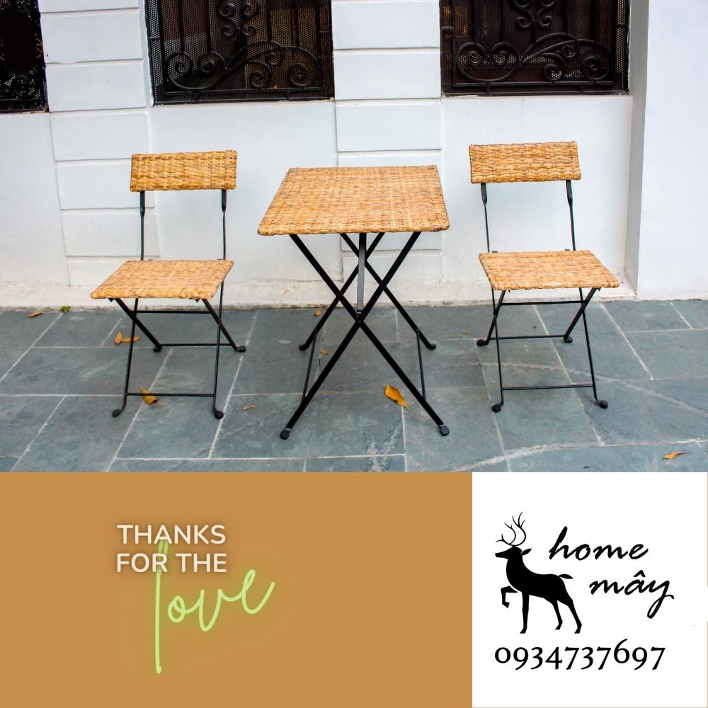 Ghế mây đan xếp gọn HOME MÂY kết hợp bàn gỗ nguyên tấm, phù hợp làm quán Cafe / ban công / Homes