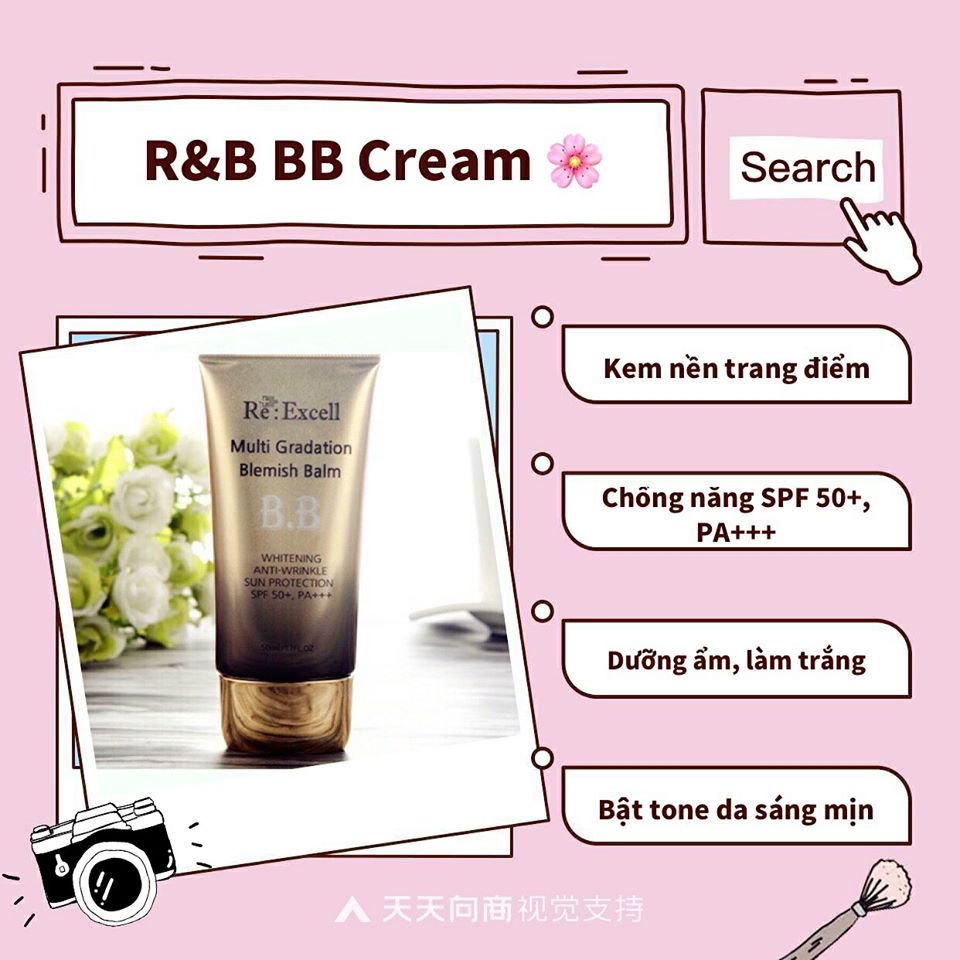 BBCream Re:Excell 4 in1 Hàn Quốc Multi Gradation Blemish Balm R&amp;B kem nền, kem lót trang điểm, che phủ khuyết điểm, chống nắng, bật tone da sáng mịn tự nhiên, không bí bết, không lộ vân kem, 50ml