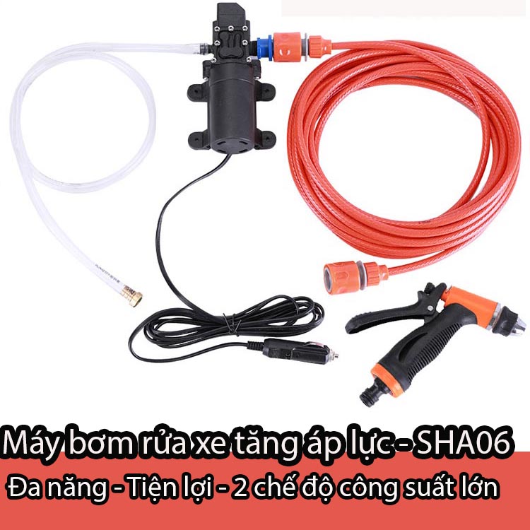 Bộ máy bơm rửa xe tăng áp lực nước 12V tặng kèm Adapter