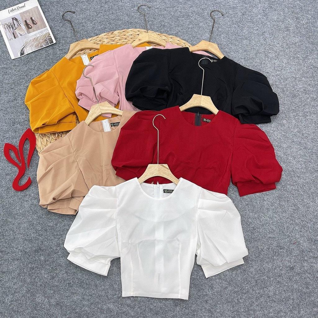 Áo Croptop Tay Phồng YURITA Khoá Sau Cổ Tròn Style Hàn Quốc Tiểu Thư Dễ Thương Tay Ngắn Nhiều Màu Chất Dày Dặn