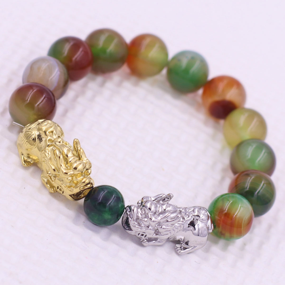 Vòng chuỗi đeo tay mã não tứ quý 12 ly charm tỳ hưu đôi inox trắng và vàng, vòng chuỗi phong thủy, charm tỳ hưu, vòng tay hạt chuỗi