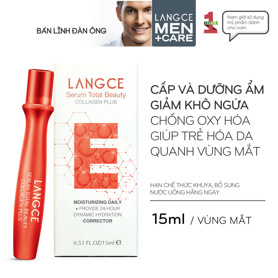 TOTAL BEAUTY SERUM COLLAGEN+ LĂN MẮT 360 CẤP+DƯỠNG ẨM, HỖ TRỢ GIẢM NGỨA, TRẺ HÓA DA 15ml LANGCE DÀNH CHO NAM