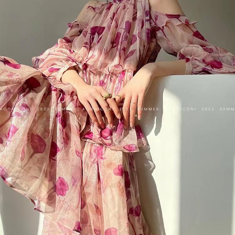 CHENGRUI 2023 Mùa hè Pháp Tea Break Dress hoa ngọt ngào nghỉ mát gió đèn lồng tay áo đầm cổ tích nhỏ