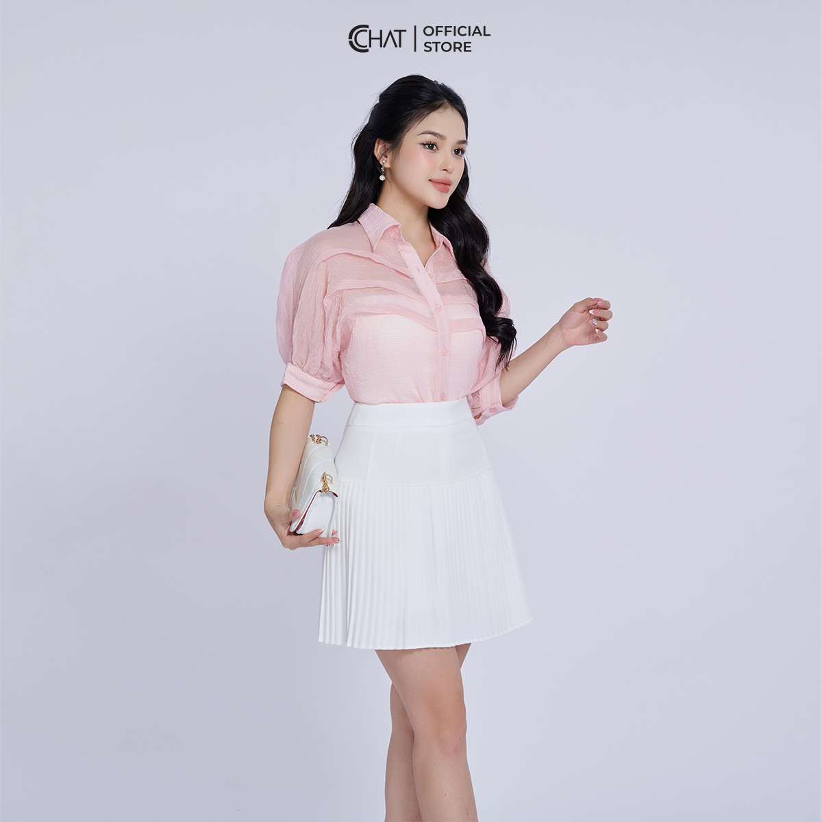 Áo Sơ Mi Nữ Kiểu Xếp Ly Ngực Dáng Suông Chất Voan Cao Cấp 93FNV2001ST