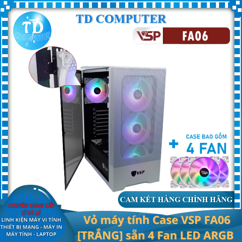 Vỏ máy tính Case VSP FA06 sẵn 4 Fan LED ARGB Gaming Kính cường lực - Hàng chính hãng Tech Vision phân phối