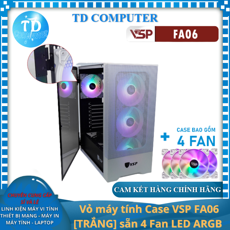 Vỏ máy tính Case VSP FA06 [TRẮNG] sẵn 4 Fan LED ARGB Gaming Kính cường lực (ATX, mATX, ITX) - Hàng chính hãng Tech Vision phân phối