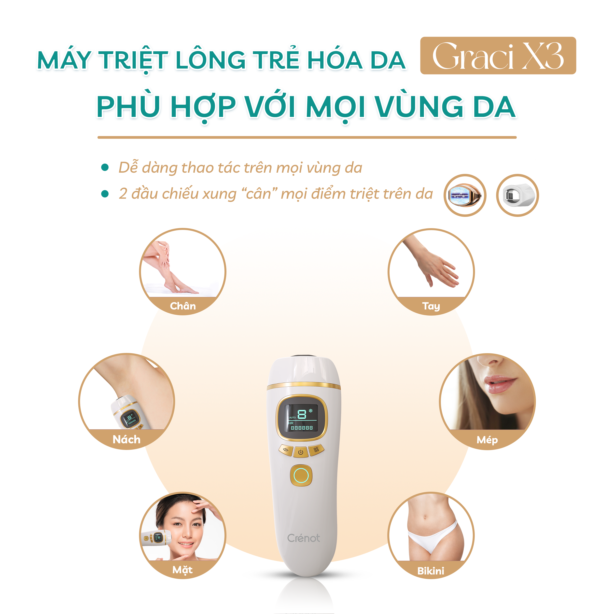 Máy Triệt Lông Vĩnh Viễn Băng Lạnh Trẻ Hóa Da Mini Cầm Tay Tại Nhà Crénot Graci X3 Dành Cho Nách Vùng Bikini Mặt Chân Toàn Thân Cá Nhân Giảm Mụn IPL Hair Removal Ice Cooling Compress