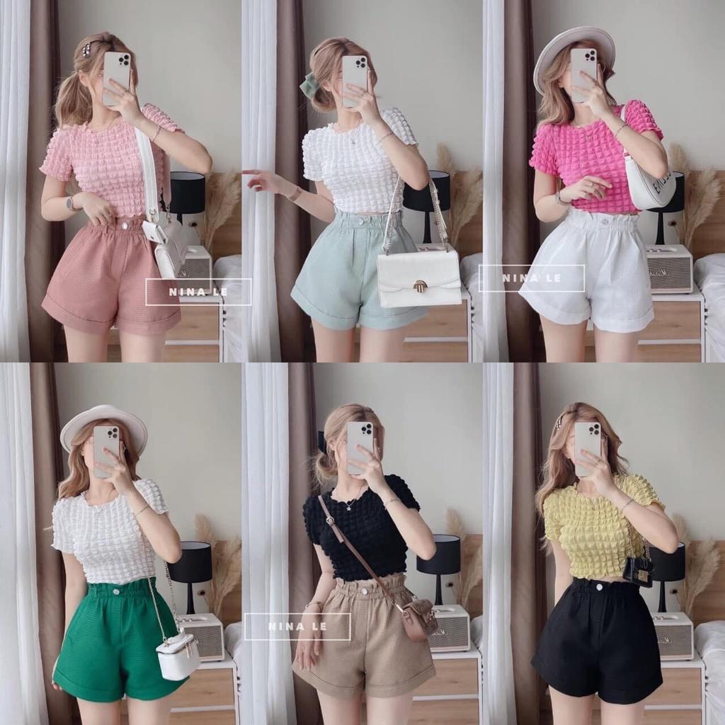 Áo vải xốp cổ tròn, áo kiểu nữ ngắn tay cổ tròn.