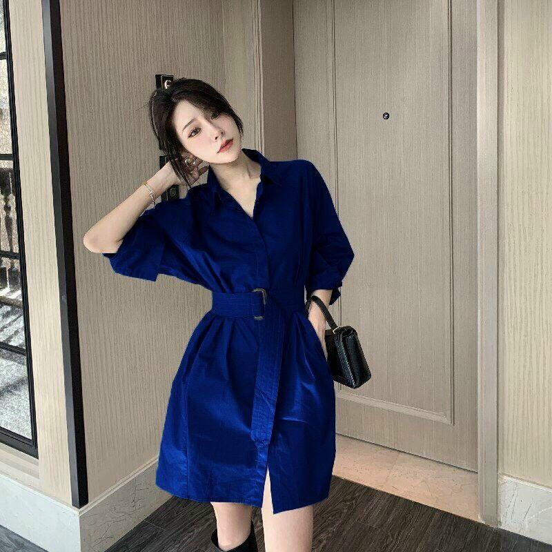 ĐẦM SUÔNG CỔ SƠ MI TAY LỠ THẮT EO