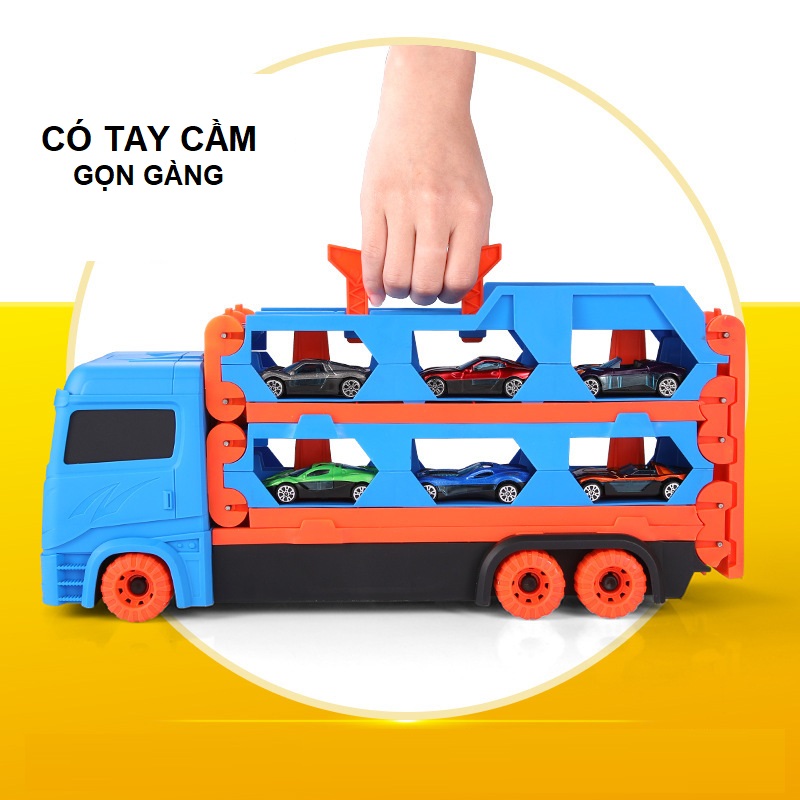 Ô tô đồ chơi xe tải 3 tầng kèm 6 xe đua nhỏ mô hình đường đua xe dài 1,65m có thể gấp gọn cho bé, quà tặng sinh nhật