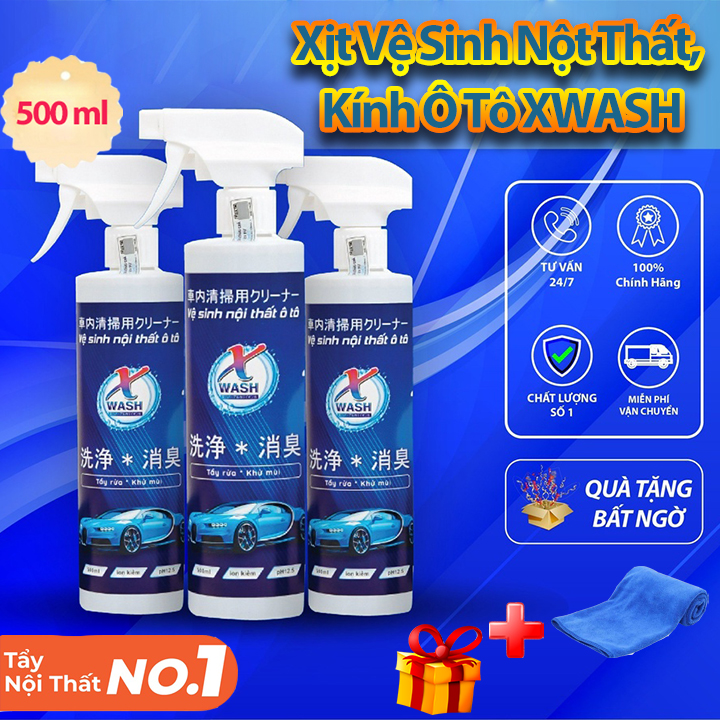 [Kèm Khăn Lau] Chai Xịt Vệ Sinh Kính Và Nội Thất Ô Tô XWASH 500ml, Làm Sạch Khử Mùi Kính, Sofa Nội Thất Xe Hơi