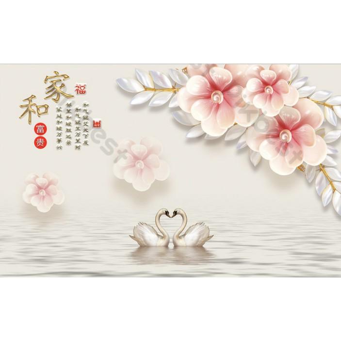 Tranh dán tường 3d trang trí phòng khách hiện đại-uyên ương hạnh phúc và hoa ngọc lan MS1255325