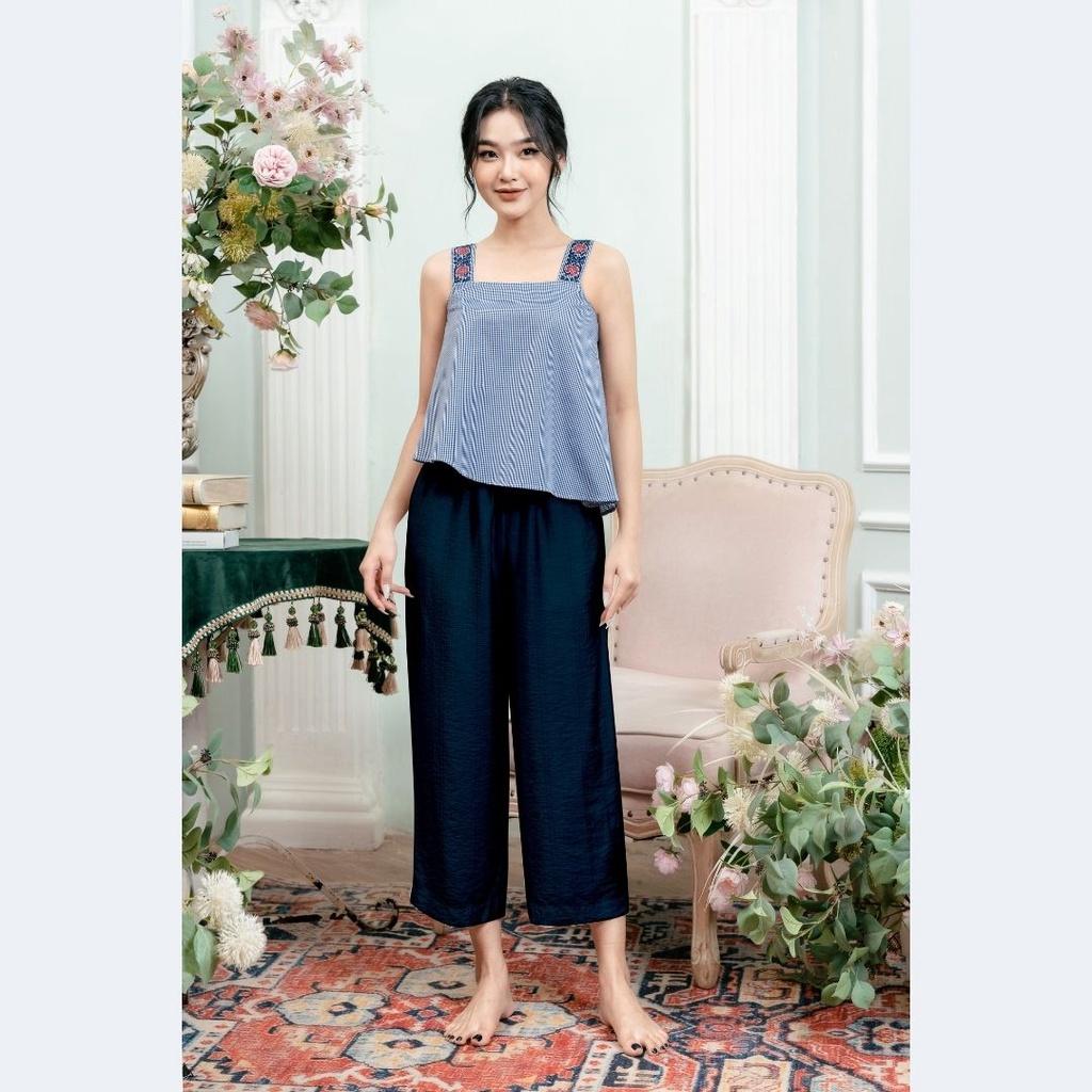 Đồ ngủ mặc nhà bộ 2 dây nữ caro thêu quần dài Freedy - WBH2204