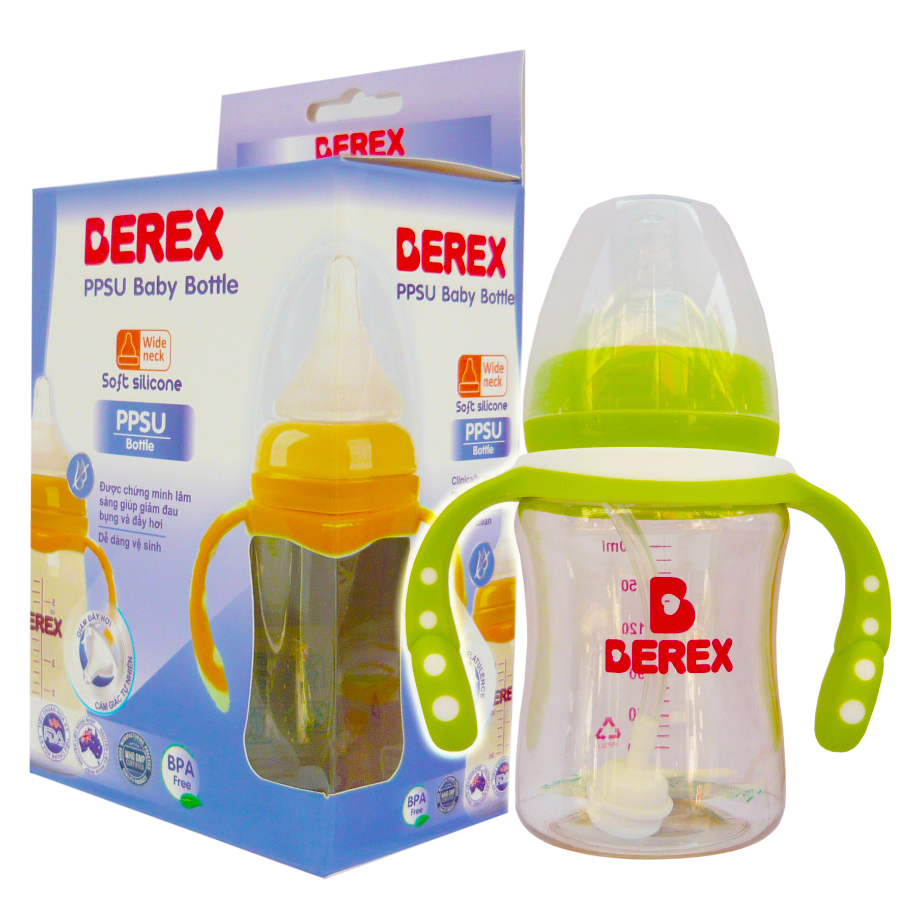 Bình sữa Nhựa PPSU PLUS Berex cổ rộng, chống đầy hơi cho bé (180ml)- có Quai mẫu ngẫu nhiên