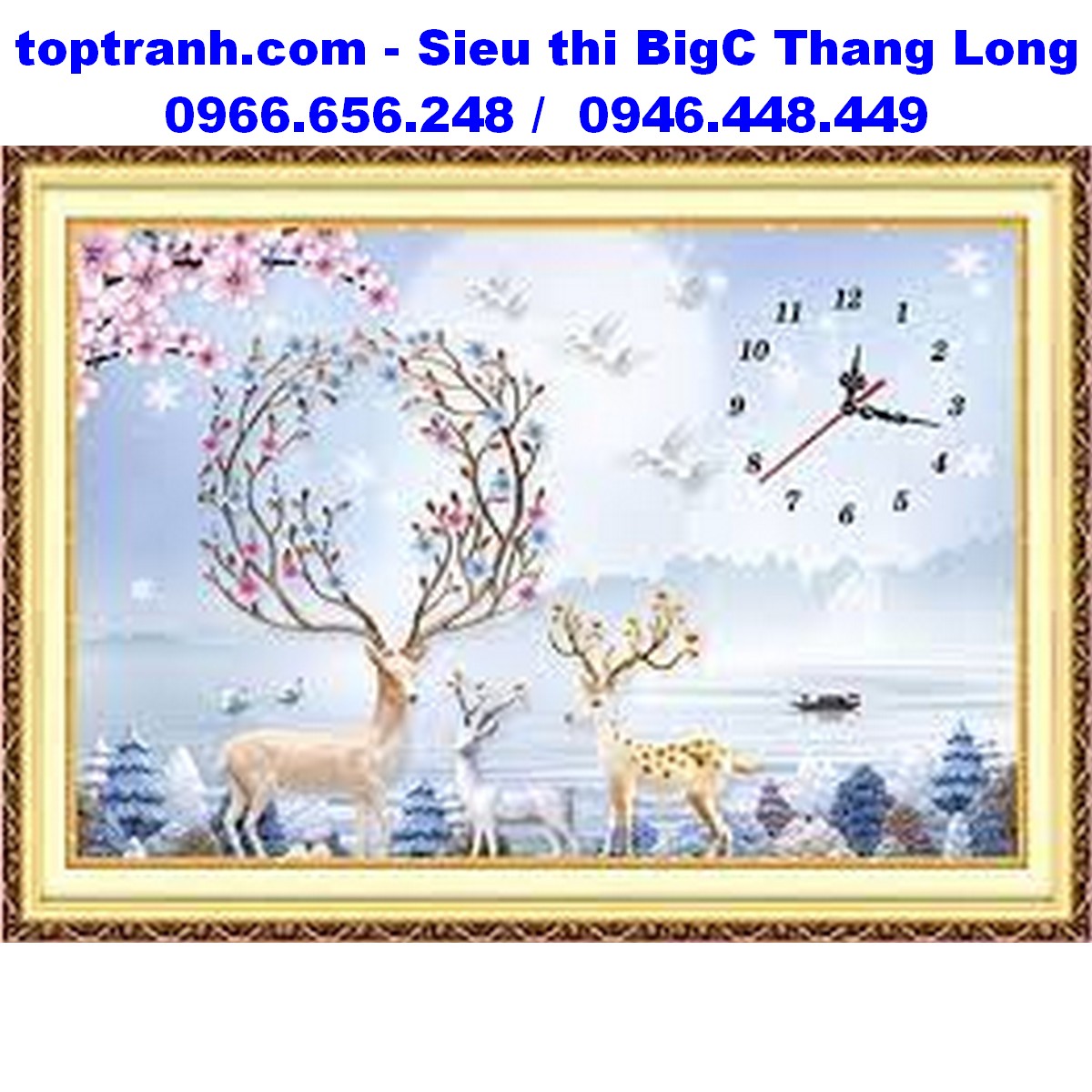 Tranh thêu chữ thập đồng hồ 3 con hươu thêu kín E194 chưa thêu