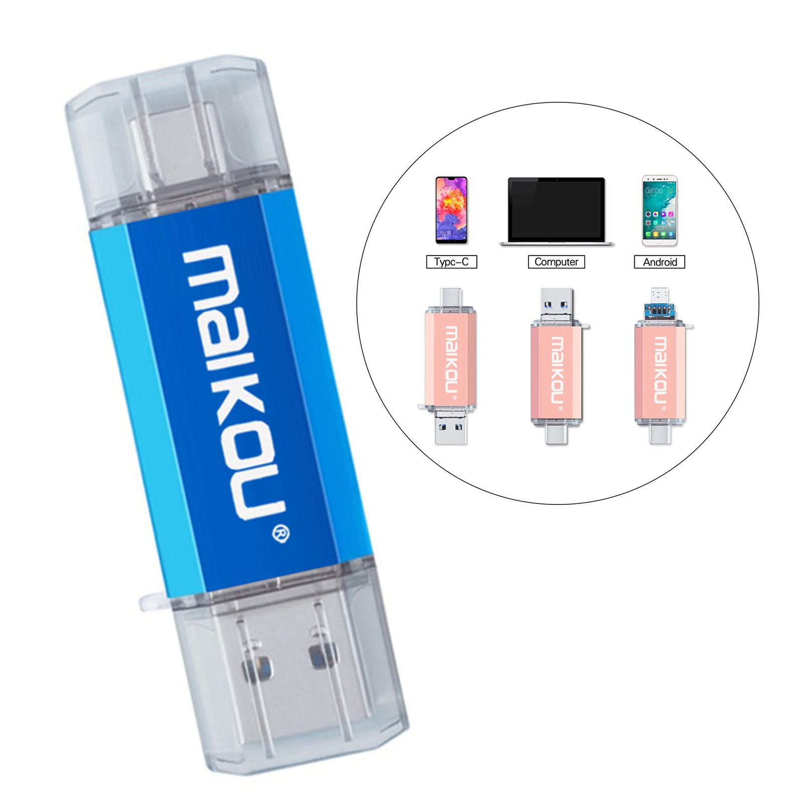 3 in 1 64G USB Flash Drive Type C Micro USB Memory Stick for Phone PC Blue