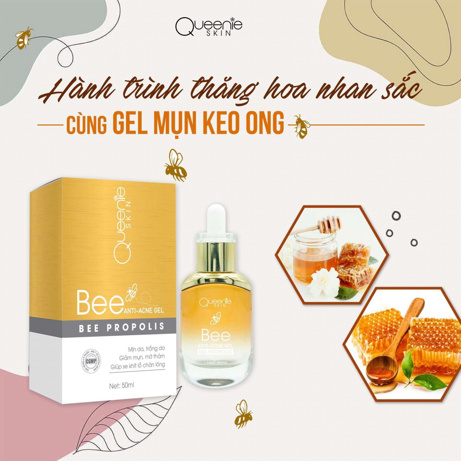 Gel Sạch Mụn Keo Ong Queenie Skin - Mờ Thâm, Trắng Sáng, Tái Tạo, Làm Mịn, Giảm Nhăn, Săn Chắc Cho Da, Se Khít Lỗ Chân Lông - 50 ML - Hàng Chính Hãng