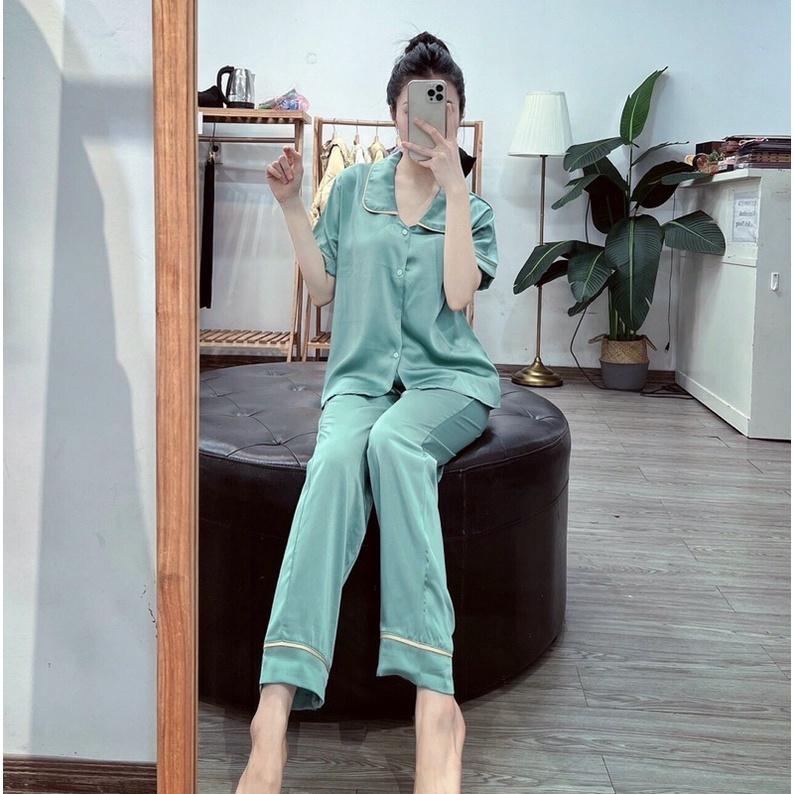 Bộ đồ ngủ Pijama lụa trơn dài cộc tay cổ sen siêu hot