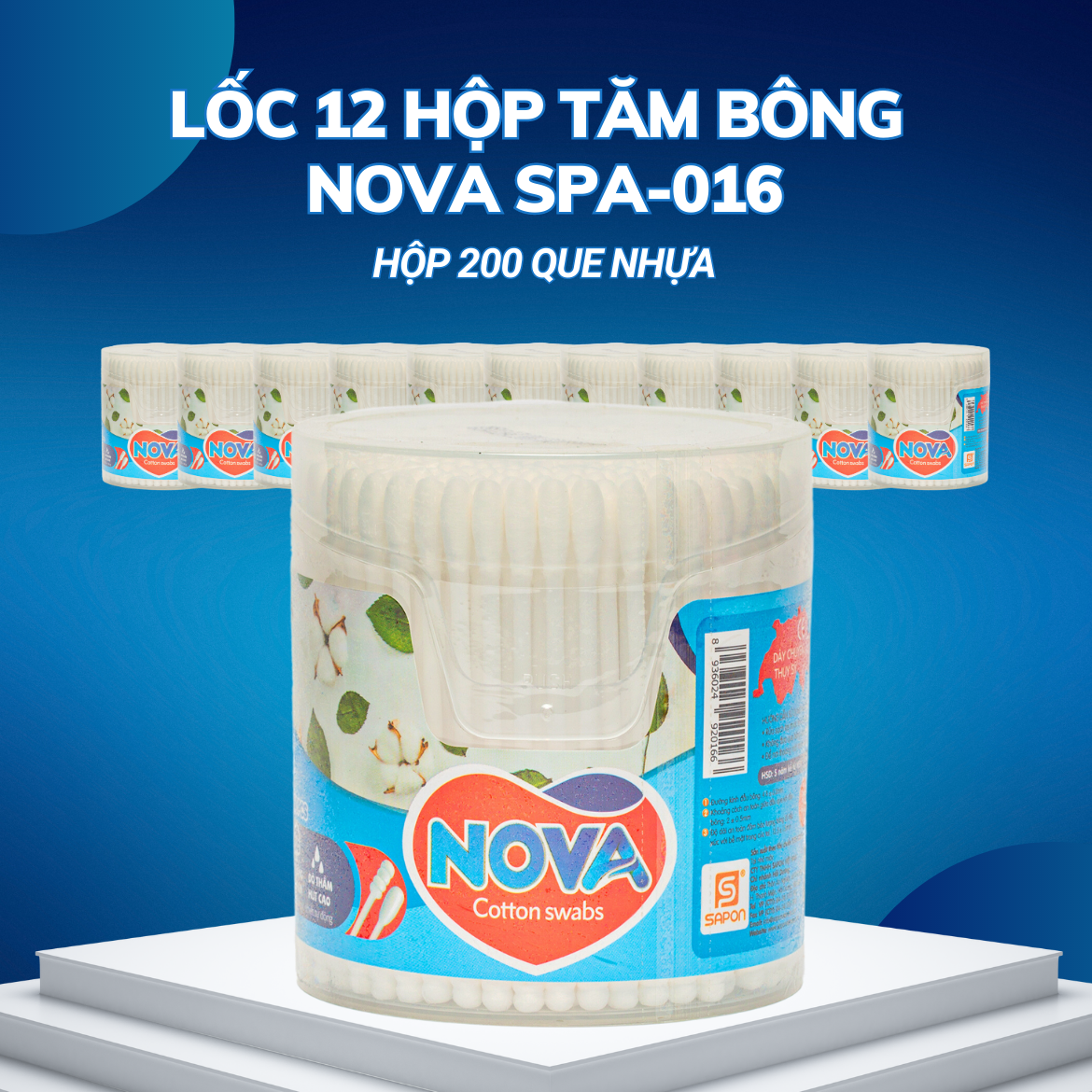 Lốc 12 hộp Tăm bông Nova người lớn thân nhựa hộp vát 200 que SPA-016