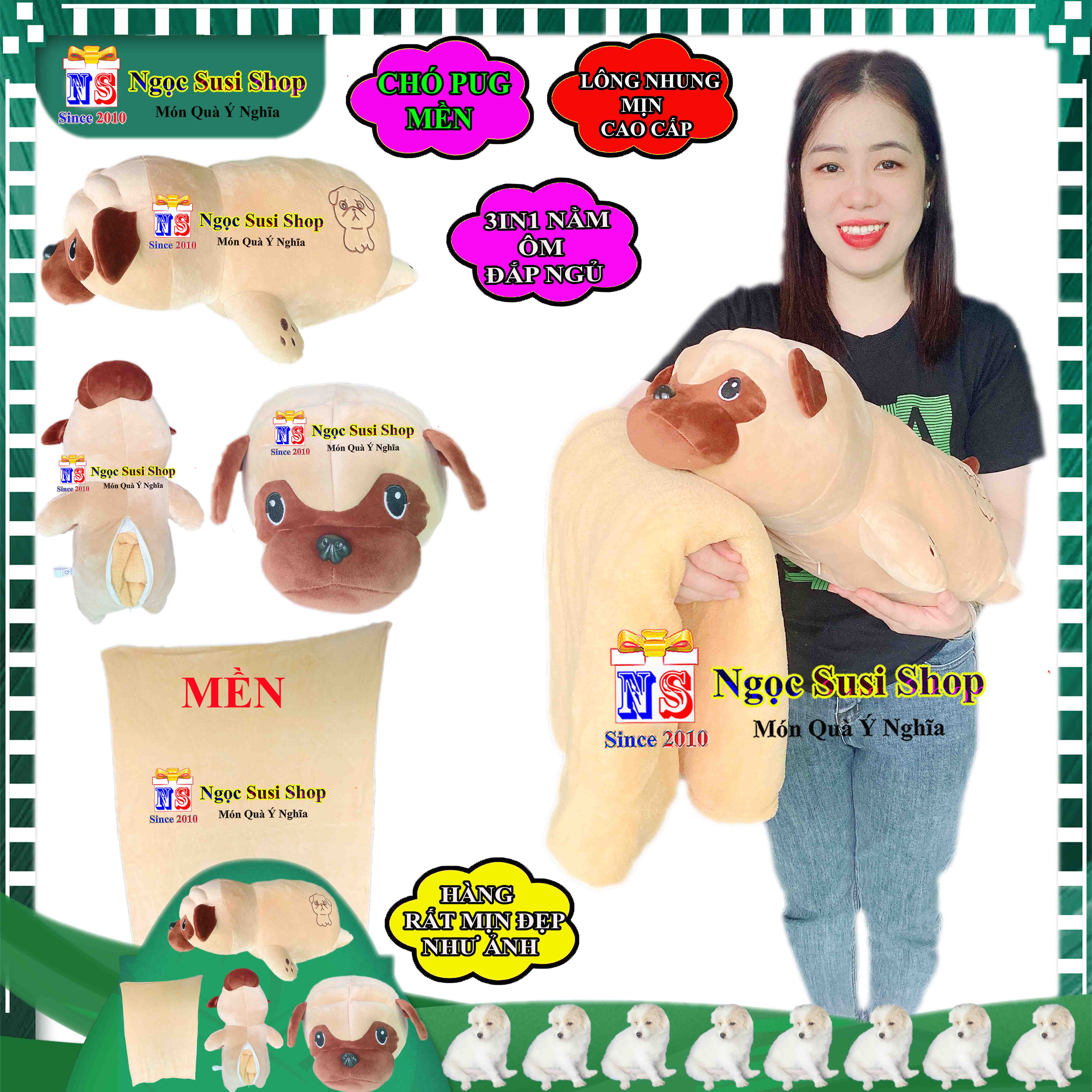 THÚ BÔNG MỀN 3IN1 CON CHÓ PUG NẰM ÔM ĐẮP MỀN NGỦ RẤT ĐẸP - GẤU BÔNG CHÓ PUG MỀN 3IN1