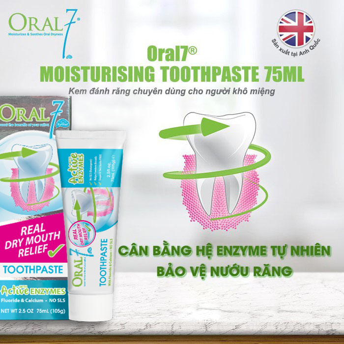 Kem đánh răng dưỡng ẩm giúp bảo vệ răng miệng, chuyên dùng cho người bị khô miệng, rát lưỡi, viêm lợi Oral7 Tuýp 75ml