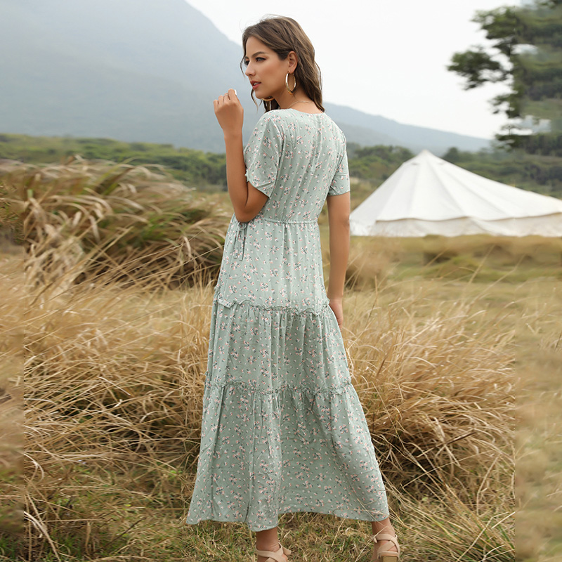 Boho Women Dress Floral Print Deep V Neck High Waist Ruffle Split Beach Maxi Gown Elegant Party One-Piece