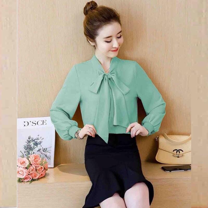 ÁO KIỂU NƠ CỔ TAY DÀI BO LAI XANH BẠC HÀ MAY CHÍNH CHỦ