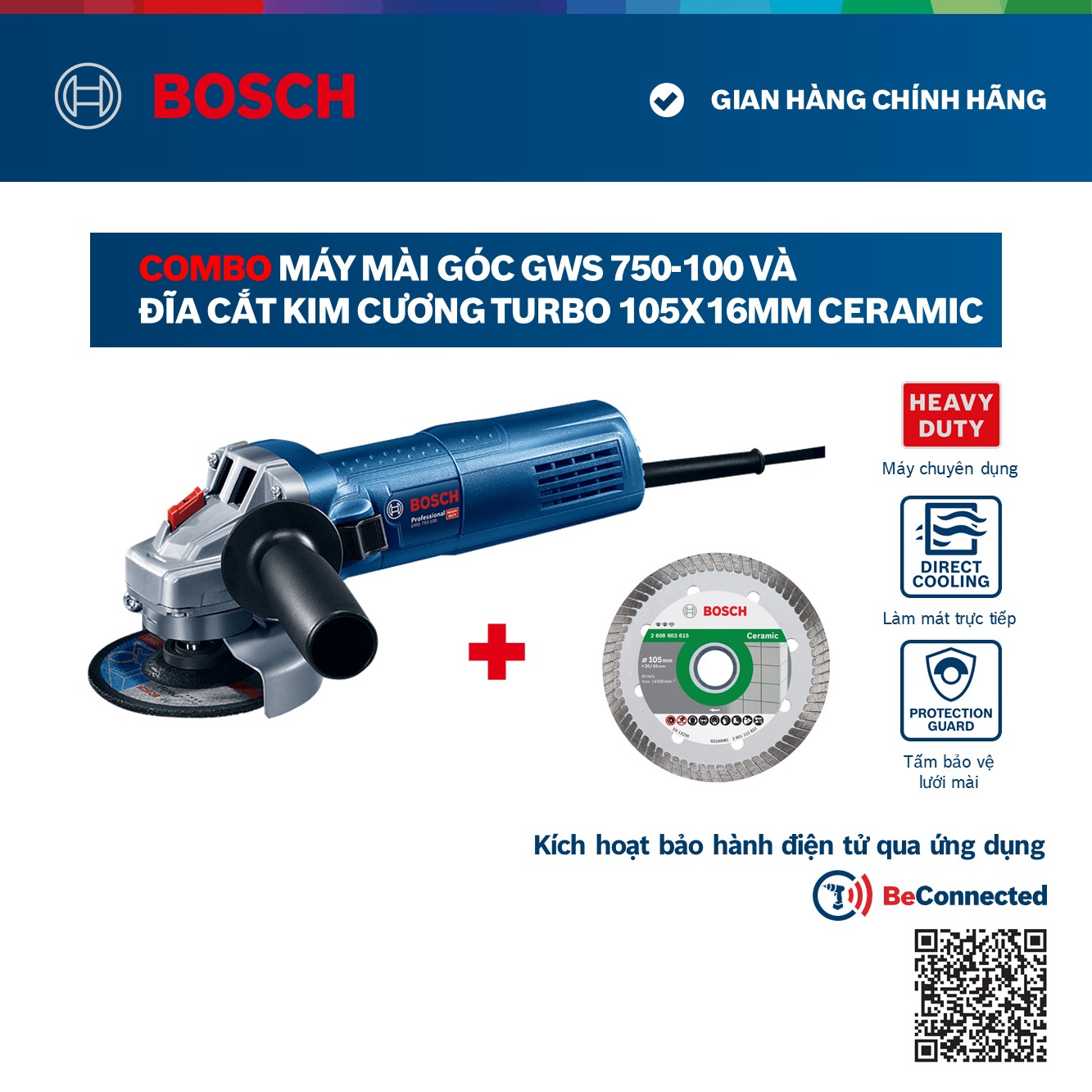 Combo Máy mài góc Bosch GWS 7 50-100 và Đĩa cắt kim cương Turbo 105x16mm ceramic