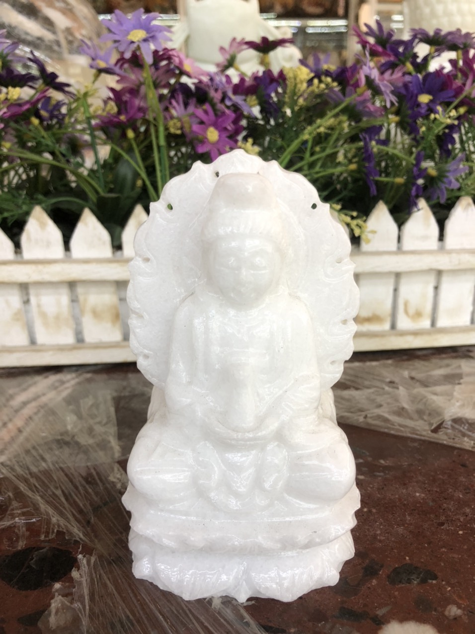 Tượng Phật Bà Quan Âm 2 mặt ngồi đài sen có hào quang đá trắng - Cao 12 cm và 15 cm