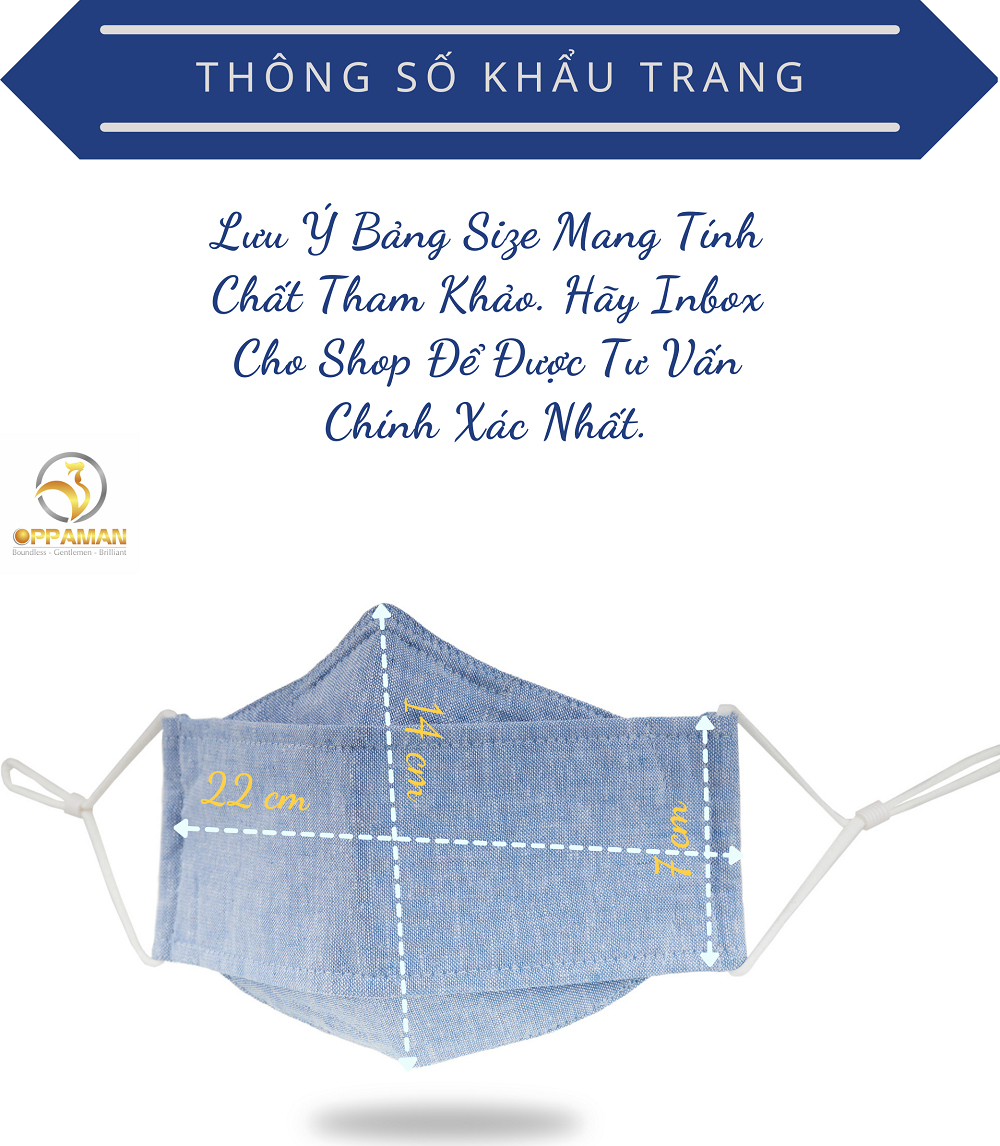 Khẩu trang vải nam nữ xếp nhật oppaman trơn basic xanh biển OKT3