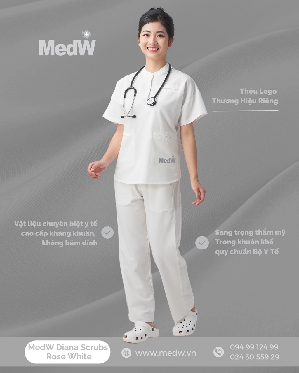 MedW Diana Scrubs Y Tế (Nữ) Trắng Cổ Nhật Chuyên Gia Bác Sĩ Thẩm mỹ, Da Liễu, Tiêm Chủng Trang Phục Phòng Khám Phòng Khám Bệnh Viện Chuyên Khoa, Đa Khoa vật liệu chuyên biệt nhập khẩu cao cấp mềm như lụa, thiết kế Pháp cách tân trang trọng vận động tự do