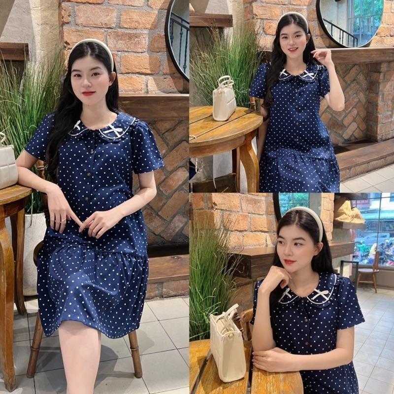 Đầm bầu chấm bi cổ sen đính nơ dễ thương, thanh lịch phù hợp cho mẹ bầu và sau sinh - Trắng kem