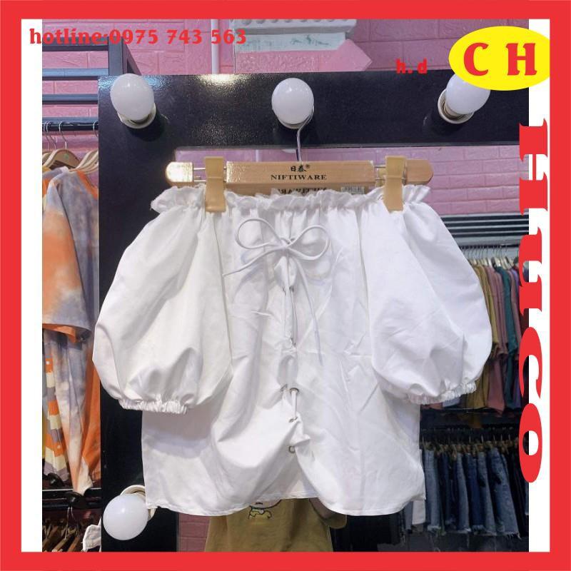 áo croptop trễ vãi nữ, áo croptop kiểu oze tay bồng có dây nơ tiểu thư cá tính, áo hai màu basic dễ phối đồ