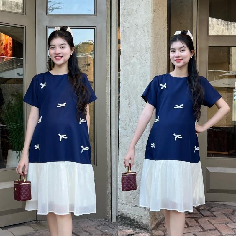 Đầm bầu đuôi cá đính nơ phối chân voan tơ sang chảnh chất cotton lạnh mát mẻ - Xanh đen