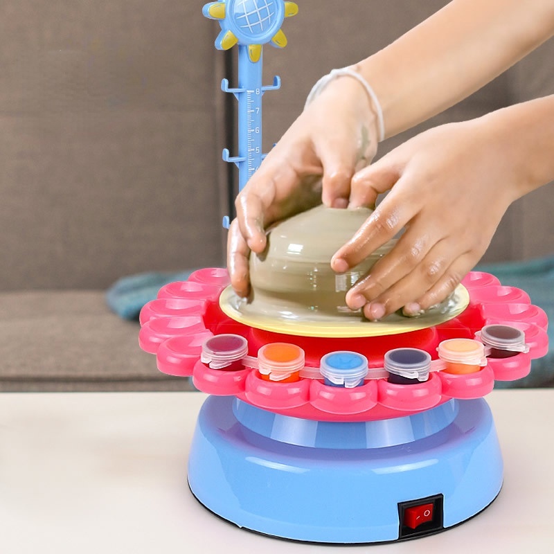 Đồ chơi máy làm gốm sứ handmade bằng đất sét cao cấp kèm tạp dề và 12 màu tô dễ thương cho bé, quà tặng sinh nhật