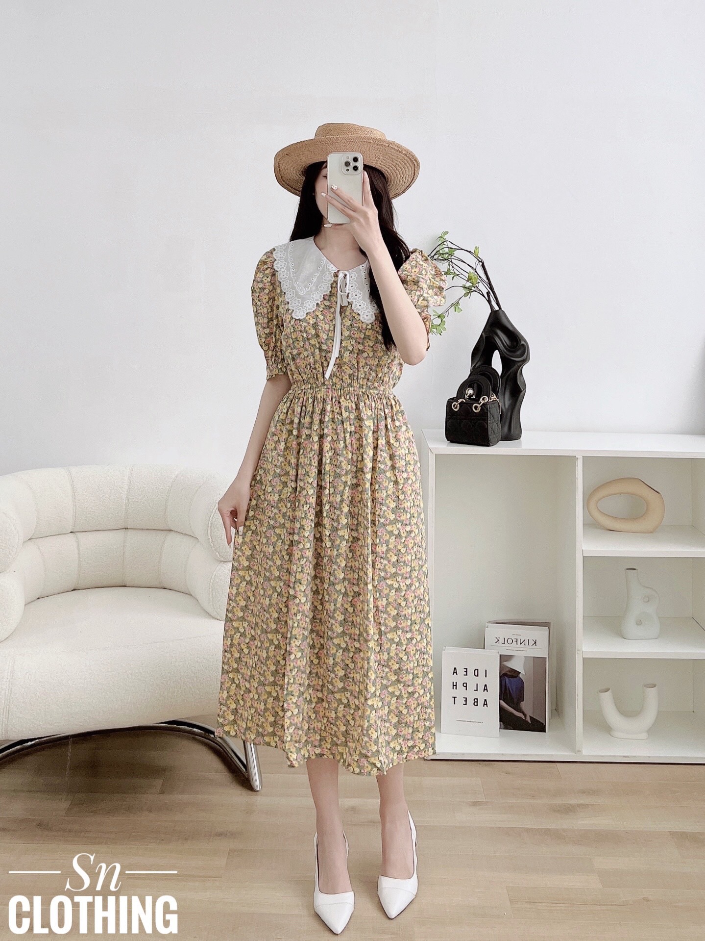 Váy hoa nhí cổ bèo cột nơ tiểu thư